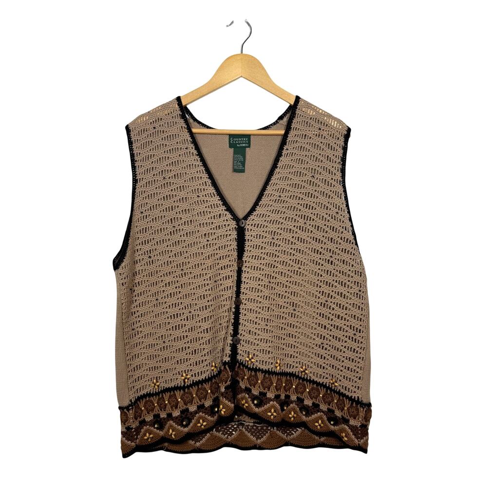 Koret Vtg Sweater Vest Large Brown Beaded Crochet Knit Cottagecore Artsy Neutral